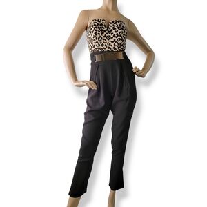 Leopard Print Colorblock High-Waisted Cropped Jumpsuit With Metallic Belt